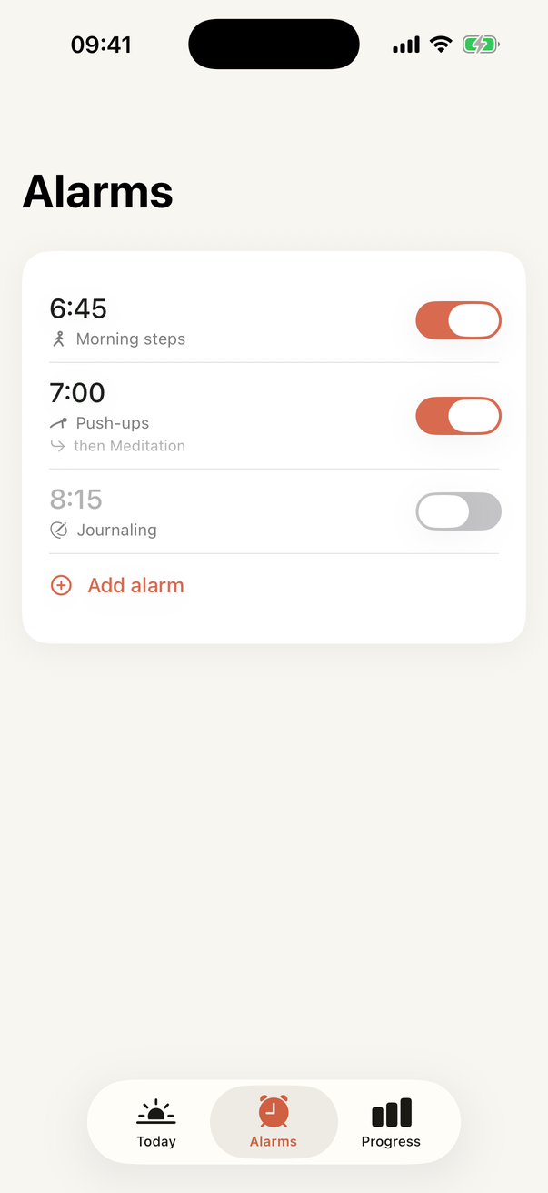 The Alarms tab in First Step with a weekday and a weekend alarm, each with its own mission
