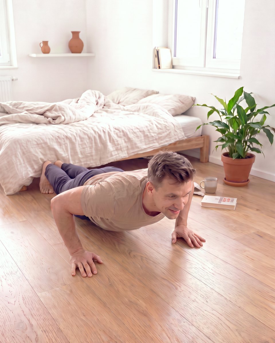 A man doing push-ups on a bedroom floor in morning light, bed unmade behind him