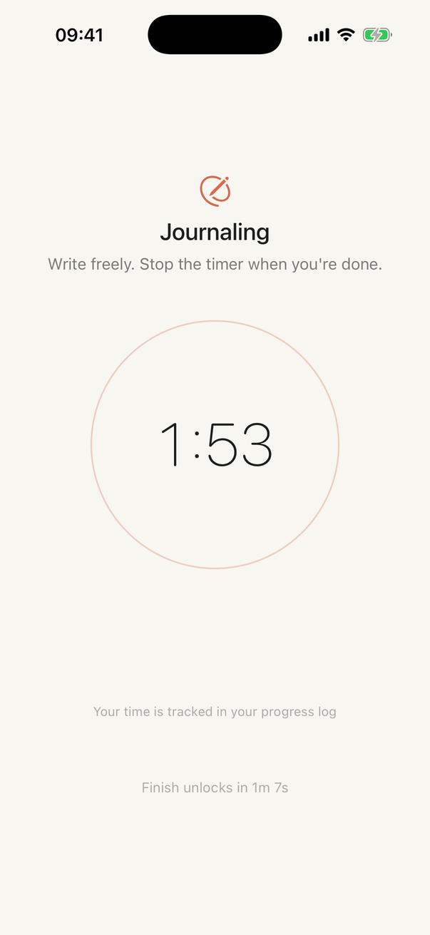 A journaling session in progress, timer at 1:53