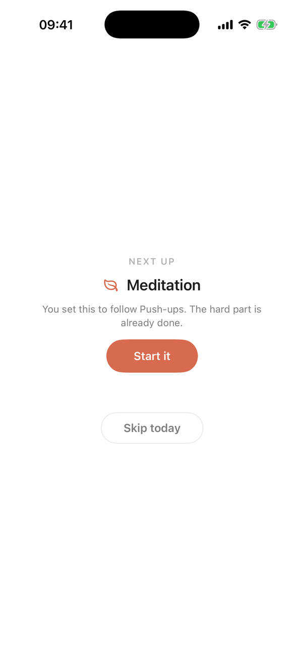 After finishing push-ups the app offers meditation next, with Start it and Skip today