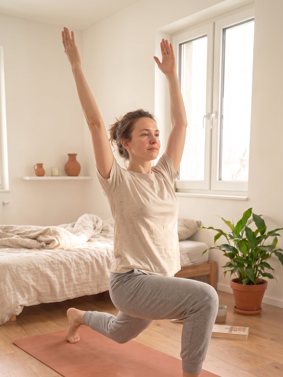 A woman in a lunge on a clay-coloured yoga mat beside her bed, arms raised, morning light through the window